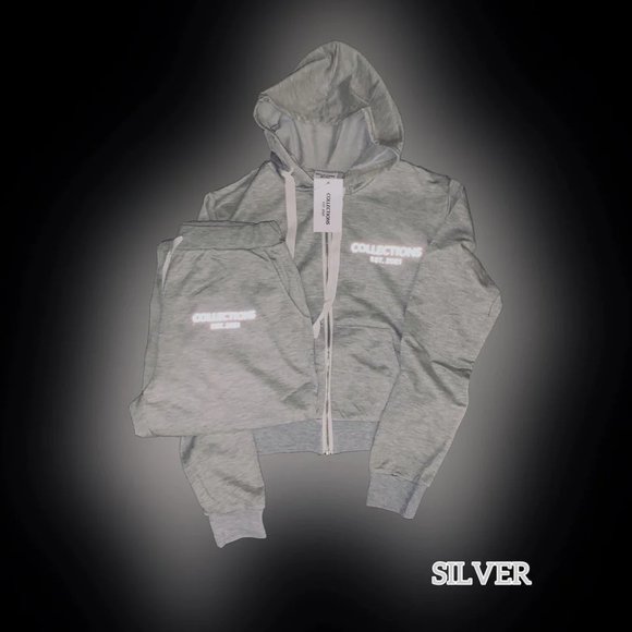 Juicy Silver Reflective Letter Print Drawstring Pocket Hoodie & Sweatpants Set - Picture 4 of 6